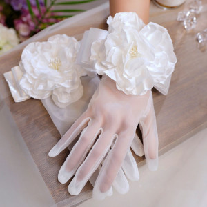 Big Flower Bridal Silk Gloves, Sheer Gloves, Bow White Gloves, Wedding Dress Hand Accessories, Gloves For Formal Event Party Cosplay
