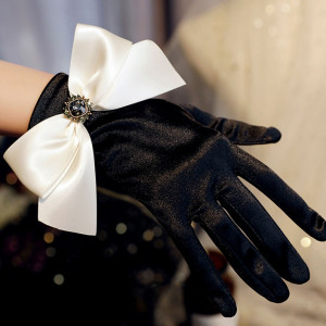 Hepburn Vintage Style Black Gloves Cosplay Wedding Tea Party, Bow Dress Gloves, Rhinestone Gloves, Bridal Gloves, Satin Gloves For Woman