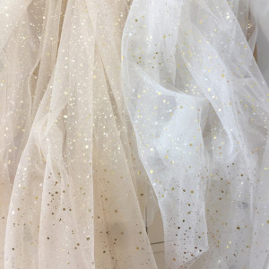5 Yards Gold Spray Dot Soft Tulle Lace Fabric , Off White Champage Bridal Veil Dress Overlay Tulle