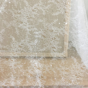 Exquisite Taiwan Made Clear Sequin Lining Fabric , Floral Emrboidery Chantilly fabric for prom dress wedding gown