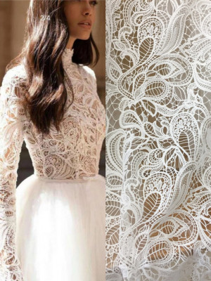 Guipure wedding dress lace fabric, boho alencon bridal gown fabric, off white crochet couture lace fabric for wedding dress