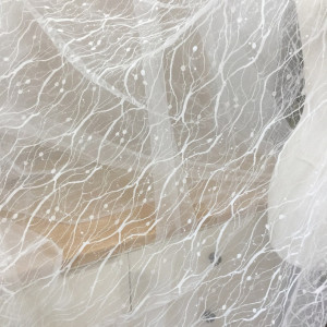 1 Yard Clear Sequin Striped Tulle Embroidery Lace Fabric in Off White, Bridal gown wedding dress lining cover up fabric lace