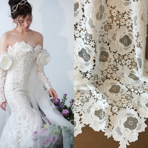 1 Yard Off White Crochet Guipure Lace Fabric with Big Rose Flower Wedding Gown Lace Fabric Prom Dress Bridal DIY 130cm Wide