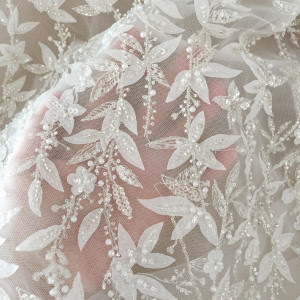 3D Ivory Pearl Beaded Geometric Couture Lace Fabric with Laser Leaf Tulle ,Wedding Dress Bridal Lace Fabric by Yard