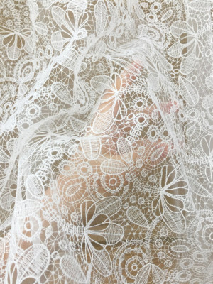 Off white couture wedding lace fabric, flower crochet bridal dress fabric by yard