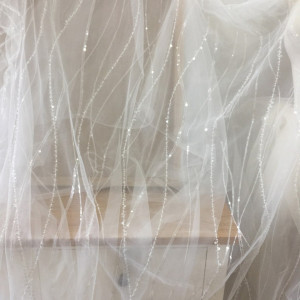 Fancy Beaded Bridal Tulle Lace Fabric Stripe Clear Sequin Fabric in Ivory for Bridal Cape Wedding Gown Overlay Fabric
