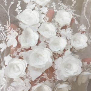 Exquisite Sequined 3D Lace Fabric with Shabby Chic Rosette , Bridal Dress Wedding Gown Fabric by Yard , Leaf Embroidery Lace Fabric