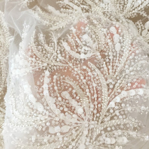 1 Yard Luxury Exquisite 3D Beaded Couture Lace Fabric in Ivory for Wedding Gown, Lace Caps Prom Dress