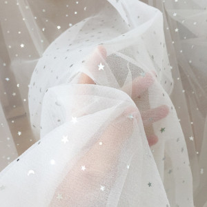 5 Yards Silver Star Tulle Lace Fabric in Off White, Wedding Overlay Bridal Veil DIY Lace 150cm Wide