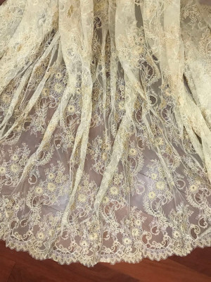 3 meters gold French Alencon lace fabric ,double scallop eyelash soft tulle gold thread embroidery lace fabric