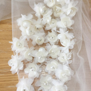 Ivory 3D pearl beaded lace flowers , handmade lace applique pacth motif for wedding flower girls 2cm diameter