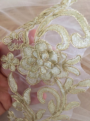 3D Gold alencon lace applique for bridal garter, wedding veils decor