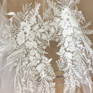 Delicate floral embroidery bridal lace applique with clear sequin, wedding veils dress bodice lace motif off white color