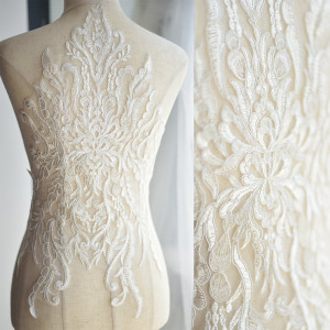 Exquisite Wedding Lace Applique in Ivory , Illusion Bridal Veil Applique for Wedding Gown Back , Bridal Dress Decor, Bodice