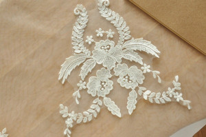 delicate bridal alencon lace applique, cotton alencon applique in ivory