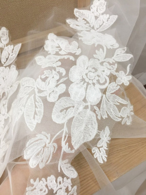 Clear sequin cotton floral embroidery lace applique in off white , bridal veil lace patch