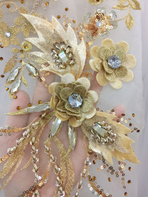 3D Sequin Flower Lace Applique in Gold ,Pearl Beaded Embroidered Bridal Applique for Dance Costumes , Bridal Gown Hem Accessories