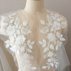 3D Flower Beaded Sequin Ivory Bridal Lace Applique, Venice Applique Pair for Wedding, Bridal Hair Flowers, Bridal Sash