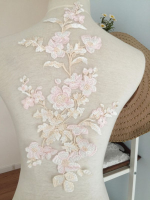 Pastel Beautiful Fine Embroidery Lace Applique , Flower Venice Lace Applique Wedding Gown