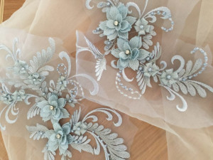 Exquisite Pearl Beaded 3D Lace Applique Set in Smoke Blue,Metallic Bridal Wedding Gown Applique, Bridal Dress Decor, Bodice