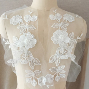 3D Cotton Beaded Sequin Ivory Bridal Lace Applique, Venice Applique Pair for Wedding, Bridal Hair Flowers, Bridal Sash