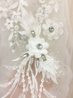 3D Sequin Flower Lace Applique in Off White ,Pearl Beaded Embroidered Bridal Applique for Dance Costumes , Bridal Gown Hem Accessories