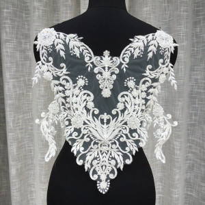 Exquisite 3D Heavily Bead Bodice Lace Applique for Haute Couture , Bridal Gown Illusion Back Applique