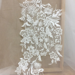 Delicate clear sequin floral lace applique pair for wedding dress bodice , headpiece bridal lace flower , wholesale lace flower 25 x 67cm