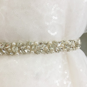 1 Yard Thin rhinestone and pearl beaded trim for wedding belt, bridal sash, wedding gown straps ,bridesmaids belt,rhinestone hairband