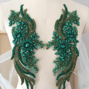AB Crystal Delicate Green Phoenix Rhinestone Applique Pair Beaded Bridal Gown Bodice Cape Couture Crystal Applique