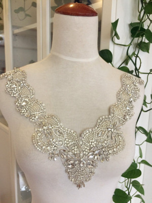 Rhinestone Applique Bridal , Neckline Collar Crystal Pearl Beaded Applique, Luxury Wedding Gown Belts Sashes