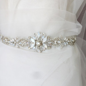 Graceful opal bridal belt applique , rhinestone beaded bridal gown sash iron on applique 5x48cm