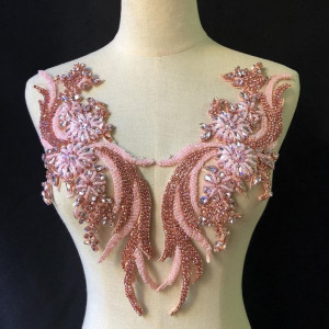 Pink Delicate Phoenix Rhinestone Applique Pair Crystal Beaded Bridal Gown Bodice Cape Couture Crystal Applique