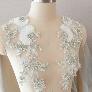 1 Pair Delicate Shell Rhinestone Applique Pair Beaded Bridal Gown Bodice Cape Couture Crystal Applique