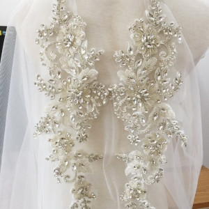 Couture Rhinestone Beaded Applique, Bridal Gown Bodice Applique Crystal Beading in Silver