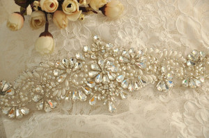 crystal rhinestone applique with pearls for bridal sash, wedding gown, bridal accessories, DIY wedding