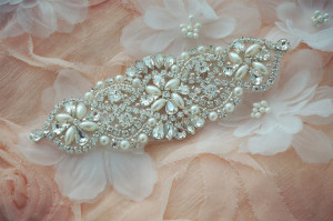 SALE beaded sash applique, rhinestone applique, crystal applique, wedding applique, bridal headpiece