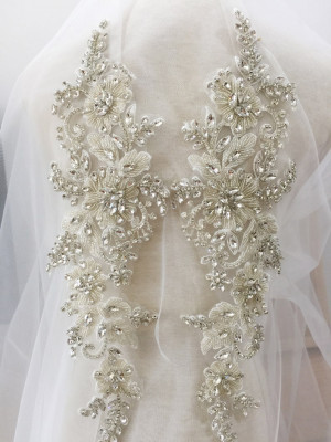 Couture Rhinestone Beaded Applique, Bridal Gown Bodice Applique Crystal Beading in Silver
