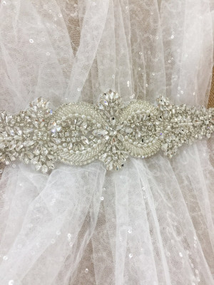 Luxury Rhinestone Beaded Applique in Clear Silver ,Iron On Diamante Bridal Sash Wedding Belt Straps Patch