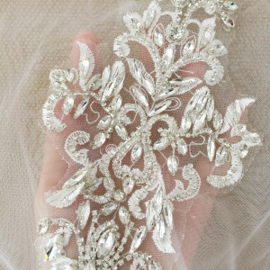 Silver Rhinestone Applique Patch for Couture Bridal Veil Cape, Crystal Bodice Patch, 3d Heavy Bead Handmade Bodice Patch