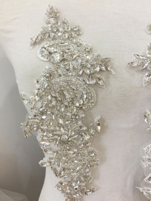 Full Crystal Rhinestone Beaded Applique Pair, Handmade Bridal Crystal Rhinestone Lace Statement for Bridal Sash Wedding Belt Gown Straps
