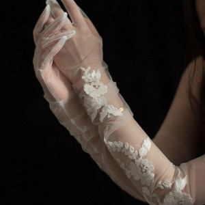 Bridal Gloves,Flower Lace Gloves,Lace Mesh Gloves,Long Tulle Gloves White Sheer Gloves, Bridal Wedding Glove, Clear Gloves, Prom Accessory