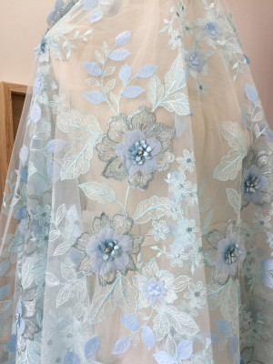 Exquisite 3D Rhinestone Beaded Blossom Bridal Lace Fabric in Beige Blue Pink for Prom Dress Haute Couture High End Fabric 51'' width