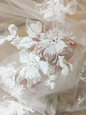 1 yard off white sequin tulle bridal lace fabric Soft Flowy Floral Embroidery Bridal Cape Shrug Fabric Lace