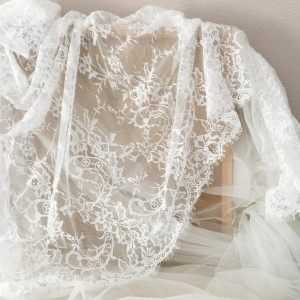3 Meters Off White French Chantilly Eyelash Lace Fabric, Soft Flowy Floral Embroidery Bridal Cape Shrug Fabric Lace