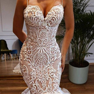 Exquisite Milk Silk Gemotric Couture Lace Fabric with Clear Sequin, Geometric Bridal Gown Wedding Dress Lace Farbric