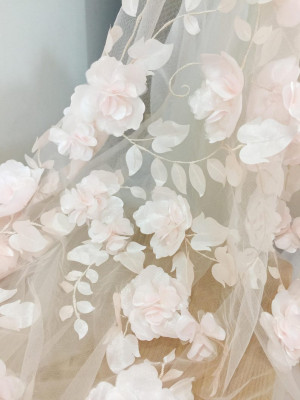 3D Full Blossom Flower Tulle Lace Fabric in Blush , Wedding Gown Bridal Dress Prom Dress Fabric by Yard