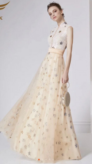 Exquisite Sequined Tulle Lace Fabric ,Star Floral Embroidery Metallic Bridal Gown Lace Fabric by Yard in Champagne, Gray