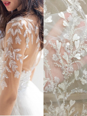 3D beaded laser cut flower embroidery lace fabric by yard for haute couture, prom dress bridal gown dress