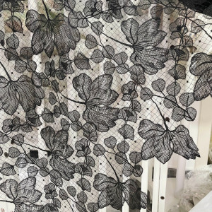 1 Yard Exquisite Black Alencon Lace Fabric with Circles in Ivory Black Floral Embroidery Fabric for Wedding Gown, Lace Caps